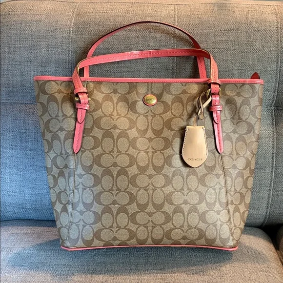 Coach Tan and Pink Signature Tote 15”x12”x4” - Picture 1 of 6